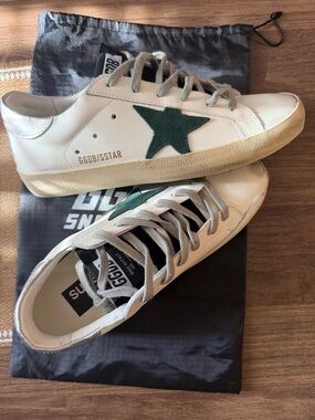 Golden Goose White Leather Low-Top Sneakers with Green Star